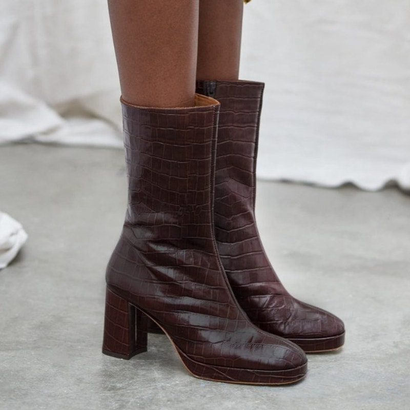Miista Carlota Mahogany Croc Ankle Boots, Size 38